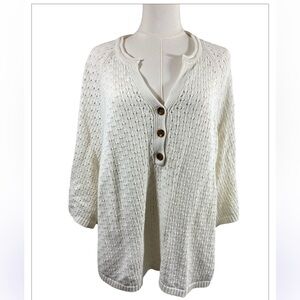 Peck & Peck Women’s L Cream Cozy Chic 3 Button Short Sleeve Eyelet Knit Sweater